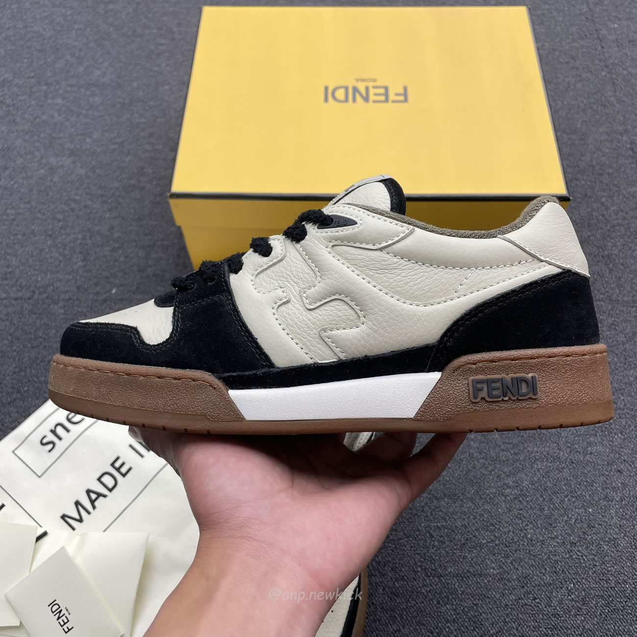 Fendi Match Cream Black White Suede And Leather Low Top Sneakers (9) - newkick.cc